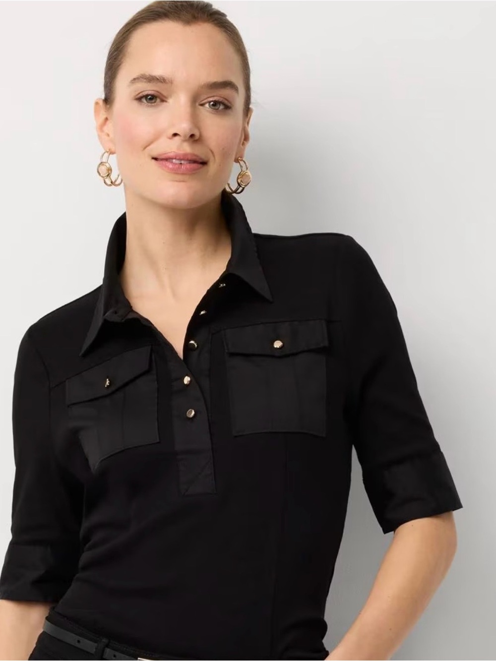 White House Black Market Black Poplin Detail Knit Polo Henley. Womens Sz. L. NWT